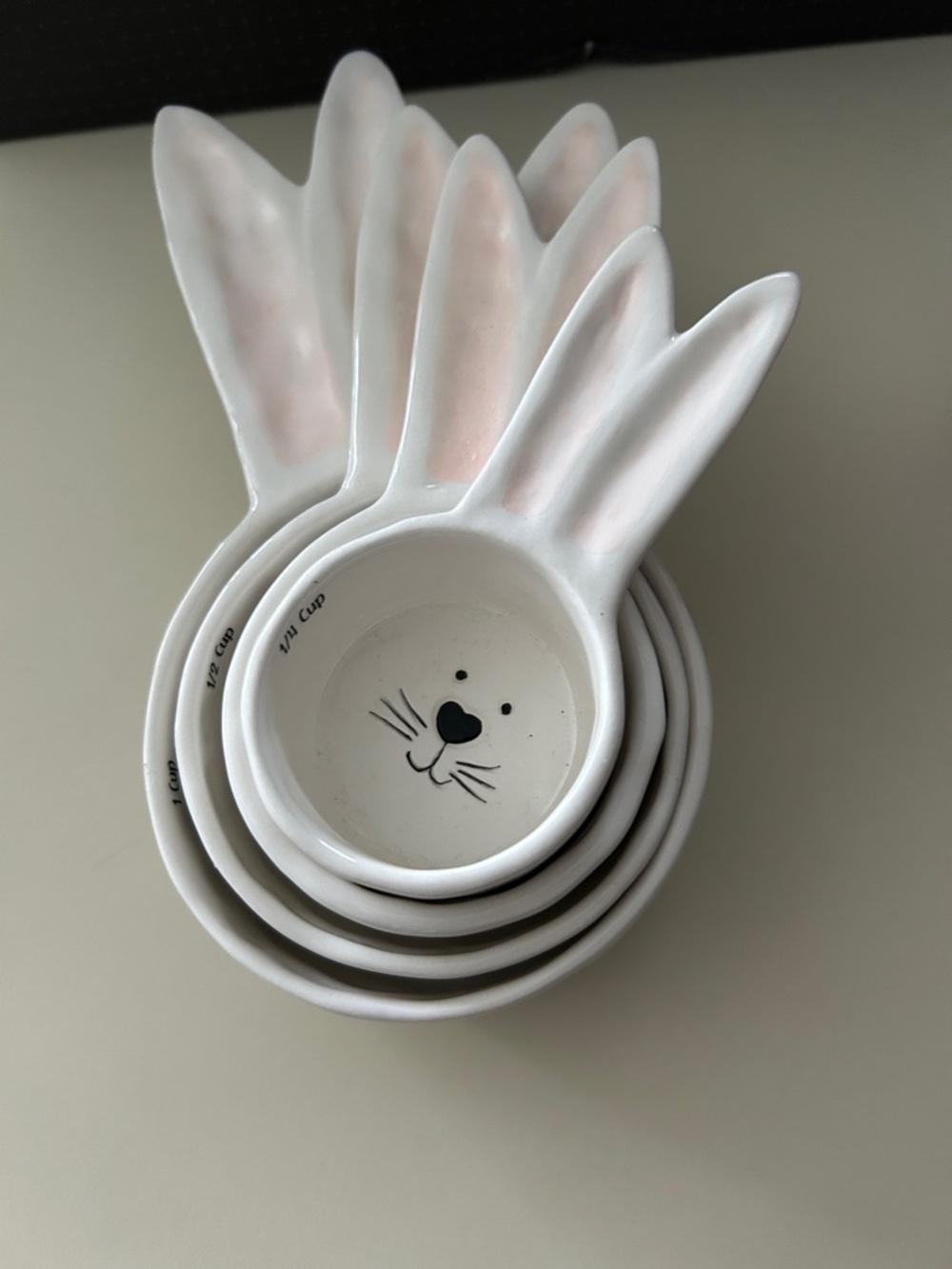 Ceramic Bunny Ear Measuring Cups - White with Pink Ears
